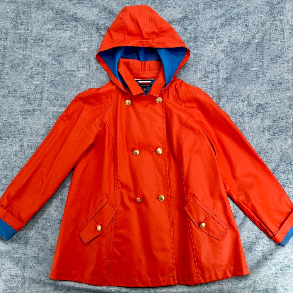 Womens Tommy Hilfiger Orange Water Resistant Hooded Trench Rain Coat Size M